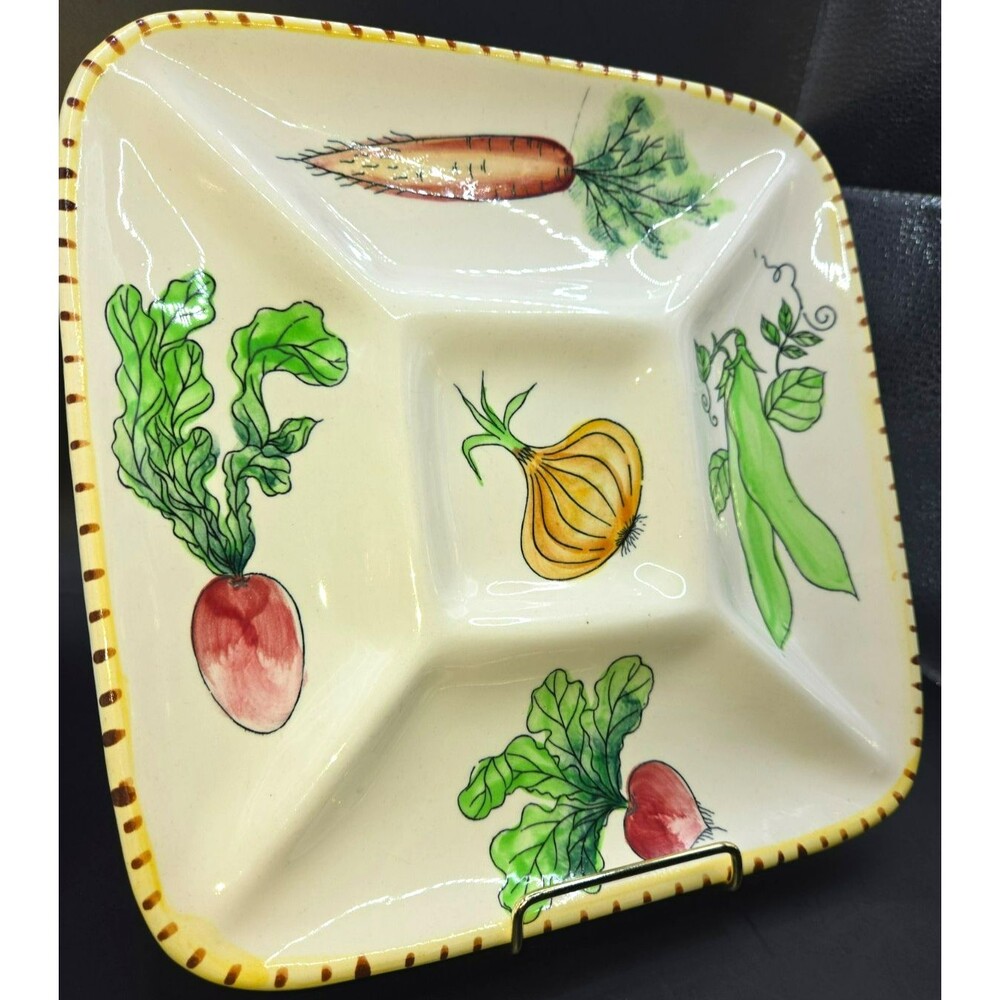 Hand-Painted Ceramic Vegetable Divided Serving Dish / Relish Tray – 10” Square